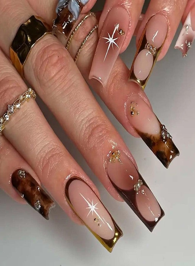 Foccna Tortoiseshell Press on Nails Long,Pearl Fake Nails Square Glossy False Nail Tips Artificial Nails for Women and Girls-24pcs,Gorgeous Nails - Image 1